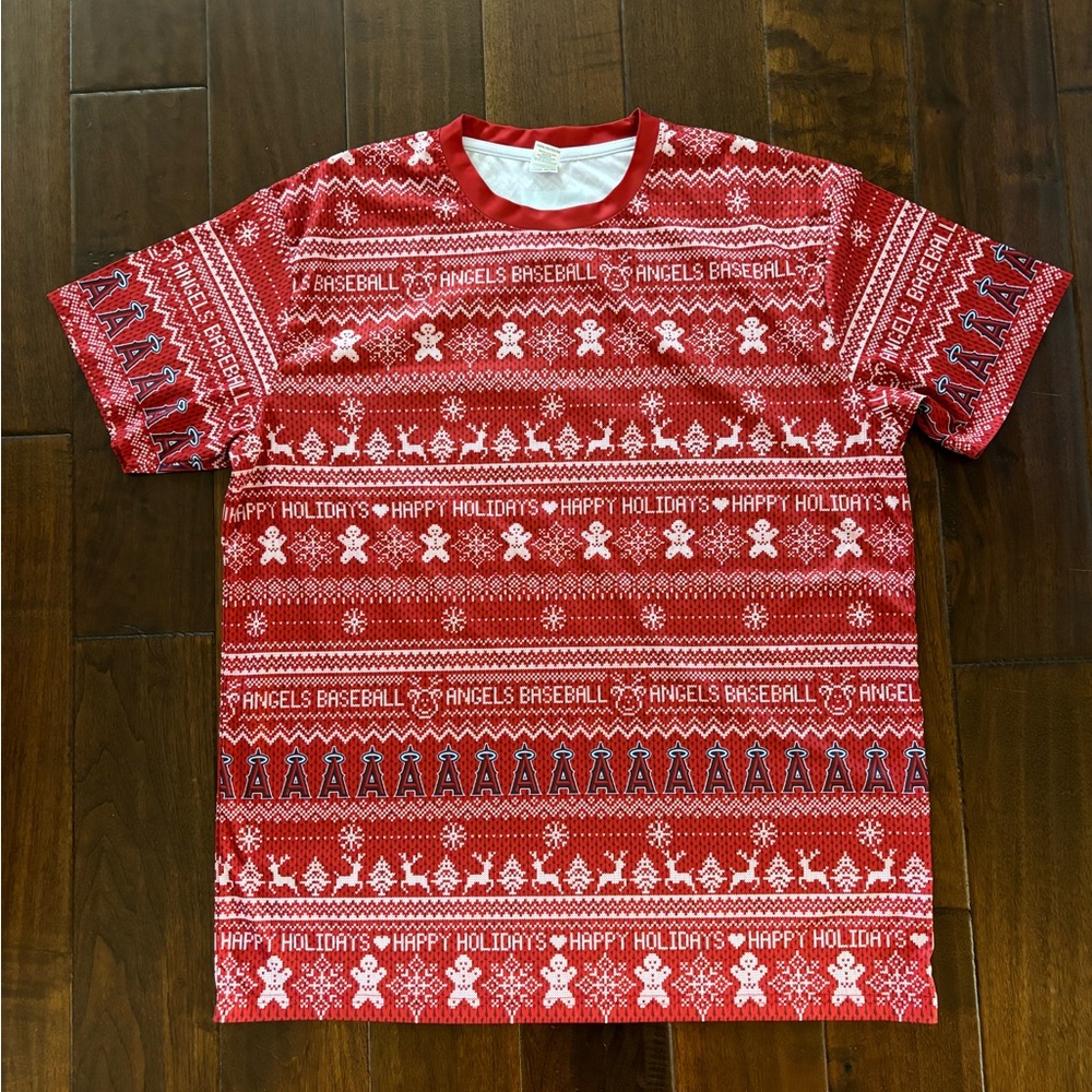 LA Angels Ugly Sweater Christmas T-shirt, Game Giveaway, Red & White, Size XL